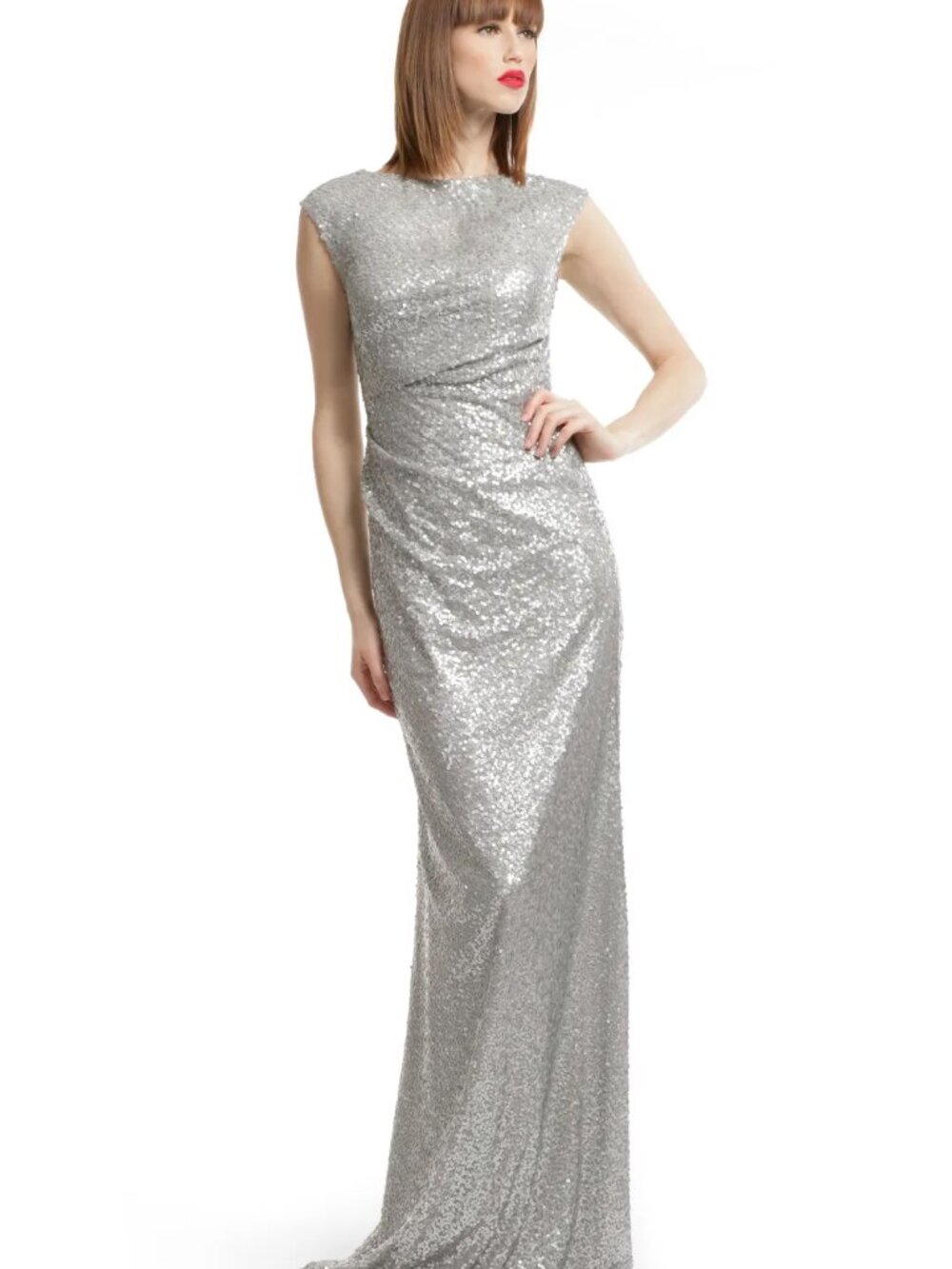 David Meister Silver Gray Sequin Gown with Keyhole Back Size 12